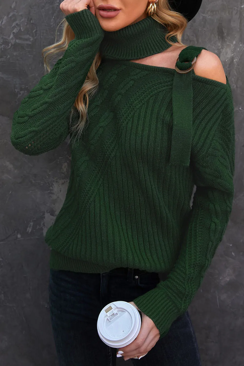 Women's  Strapped Cut Out Shoulder Knitted Top Solid Color Turtleneck Sweater