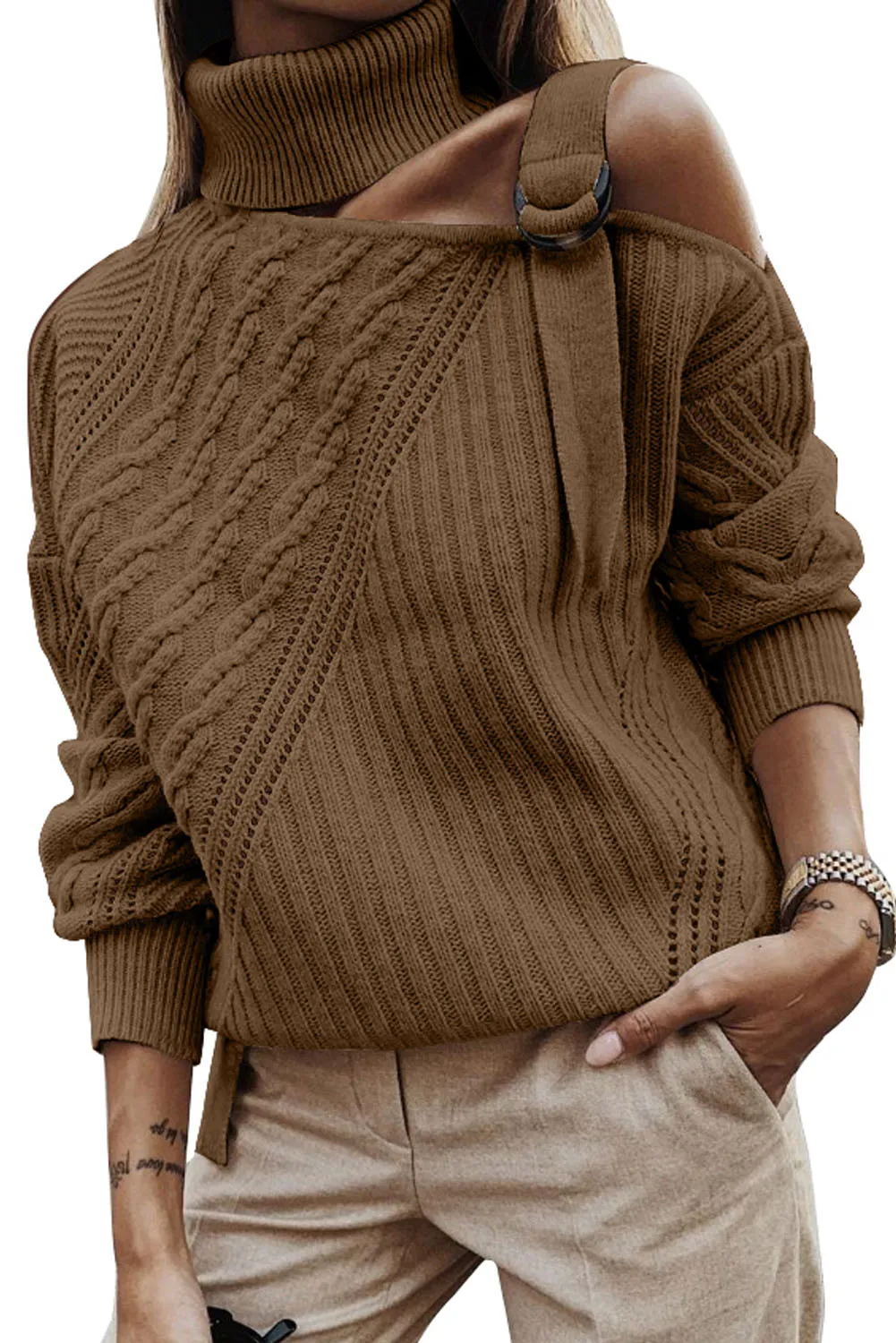 Women's  Strapped Cut Out Shoulder Knitted Top Solid Color Turtleneck Sweater