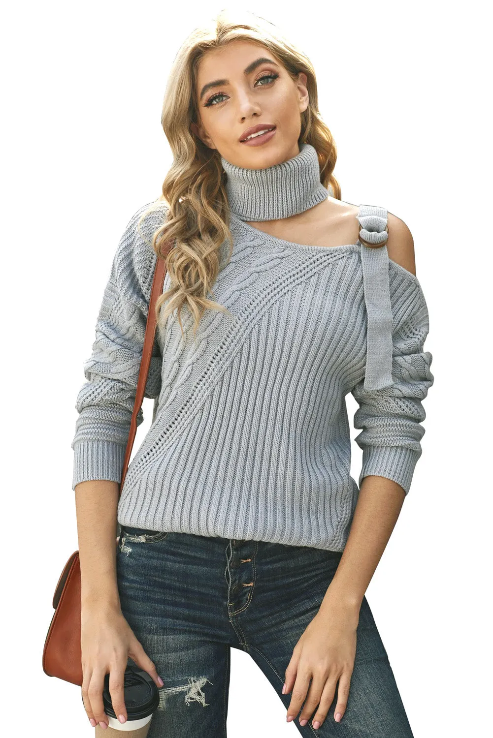 Women's  Strapped Cut Out Shoulder Knitted Top Solid Color Turtleneck Sweater