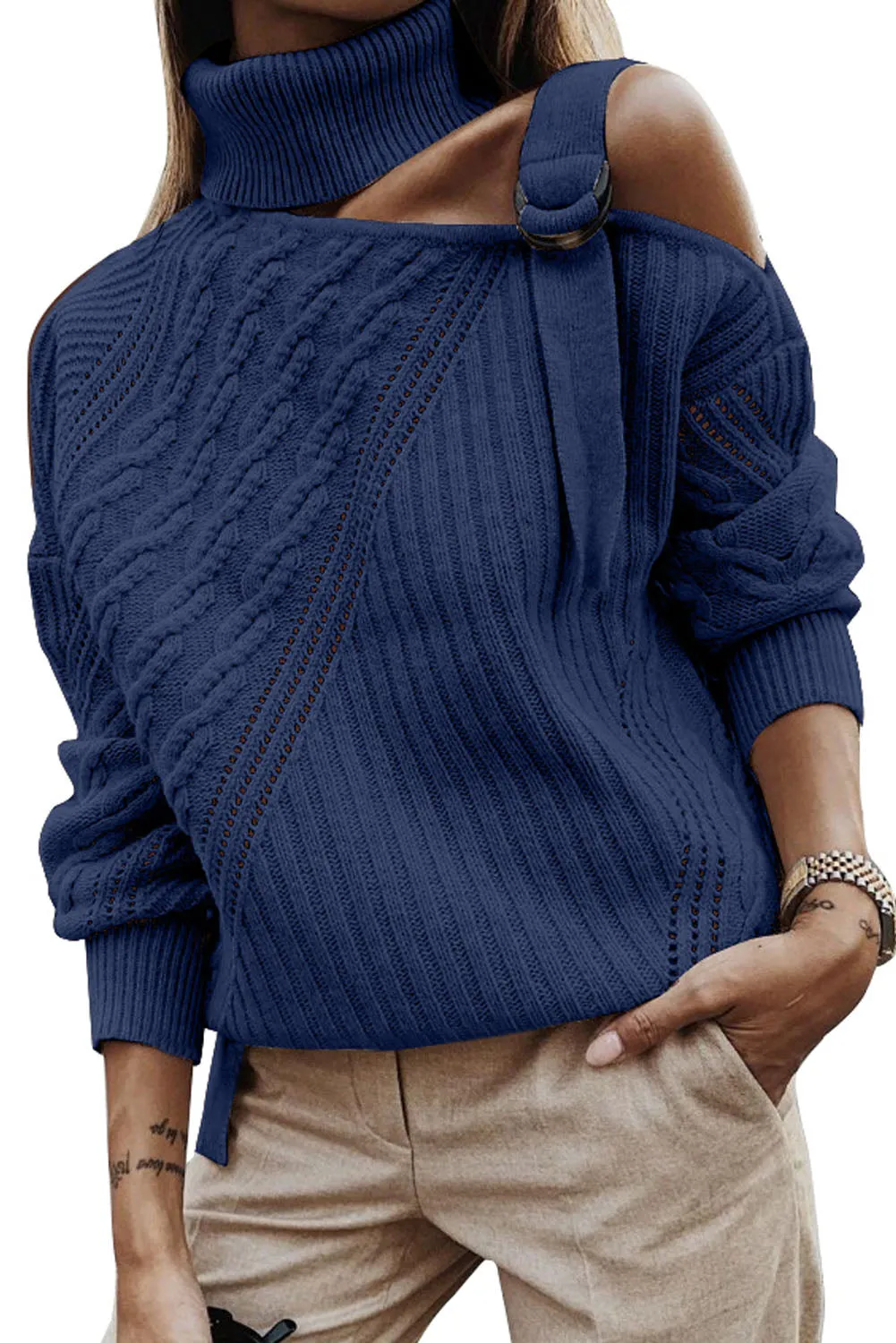 Women's  Strapped Cut Out Shoulder Knitted Top Solid Color Turtleneck Sweater