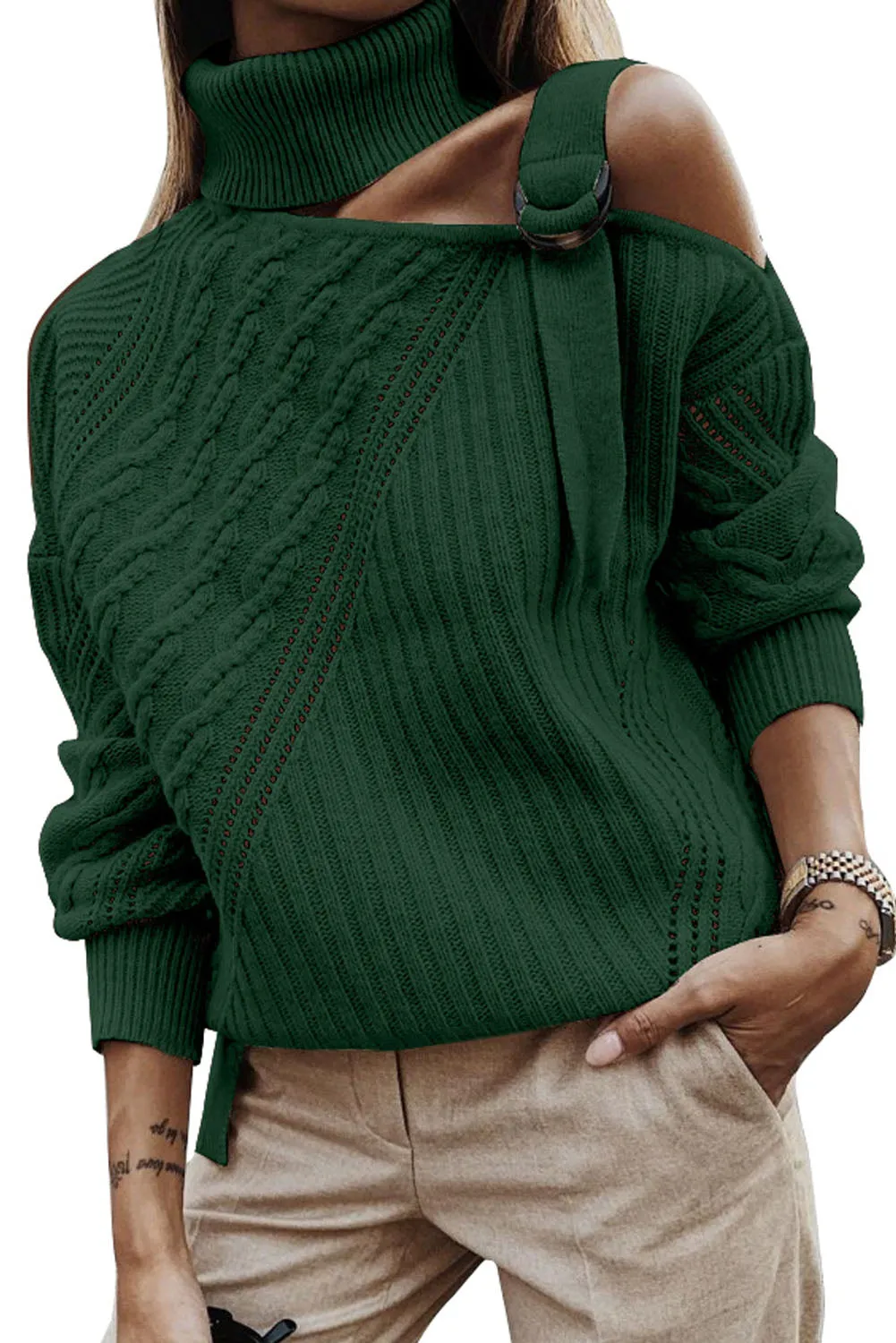 Women's  Strapped Cut Out Shoulder Knitted Top Solid Color Turtleneck Sweater