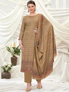 Wool Pashmina Brown Printed Unstitched Suit Set