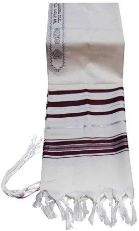 Wool Tallit Maroon with Silver Lurex Stripes