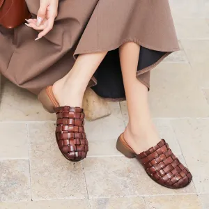 Woven Leather Slippers Block Heel Mules For Women Summer Slippers Handmade