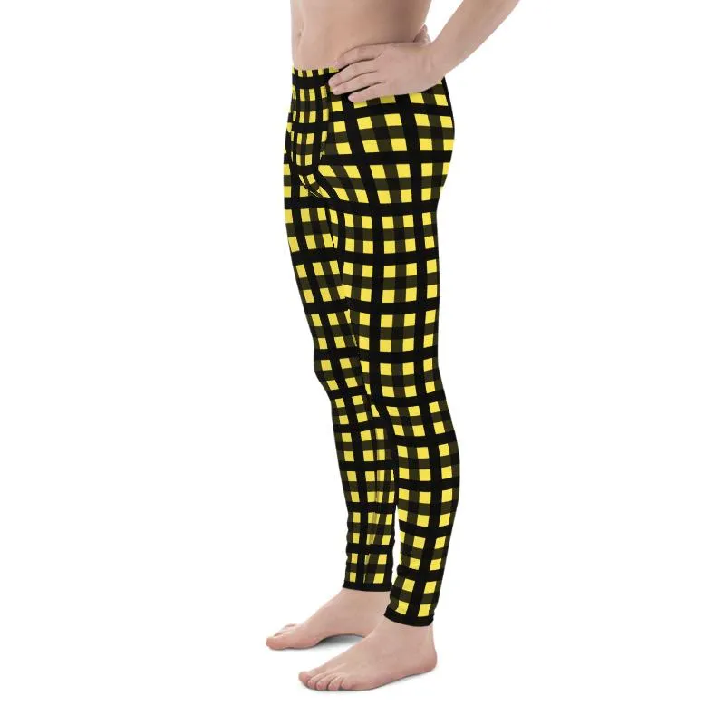 Yellow Buffalo Plaid Men Tights, Plaid Print Classic Print Designer Men's Leggings Meggings- Made in USA/EU